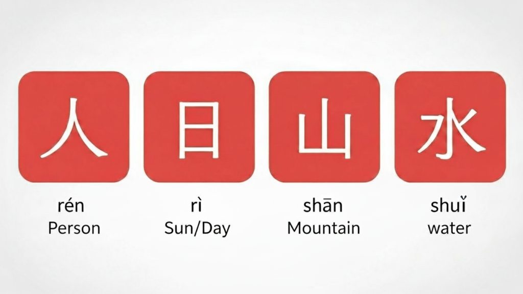 Çince yazı sistemi ve temel Hanzi karakterlerini gösteren eğitici görsel