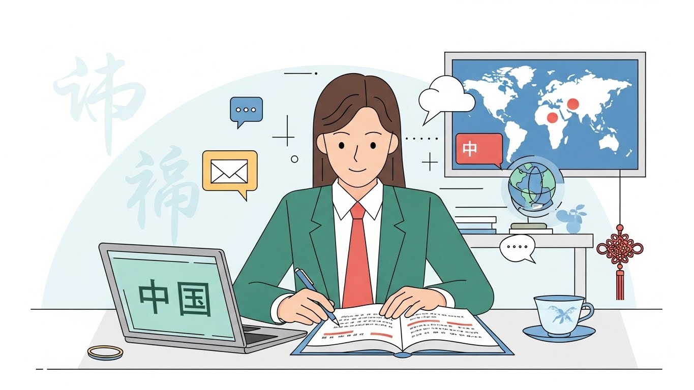 Çince öğrenmenin avantajlarını temsil eden eğitim ve kariyer temalı görsel