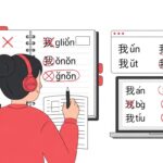 Çince öğrenirken yapılan hataları gösteren eğitim görseli, karakter ve pinyin notları