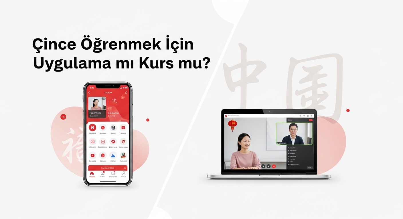 Çince öğrenme uygulaması ve online Çince kursunu karşılaştıran eğitim görseli