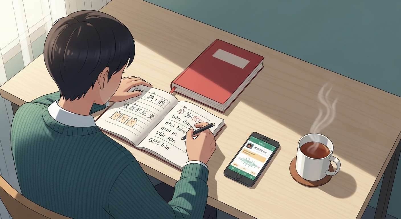 Çince öğrenmeye yeni başlayanlar için pinyin, tonlar ve temel kelimeleri gösteren çalışma sahnesi