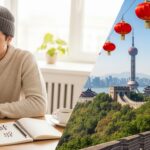 Ev ortamında laptop ve Çince karakterlerle ders çalışan öğrenci ile arka planda Çin manzarası, Çince öğrenmek için Çin’e gitmek şart mı temasını temsil ediyor.