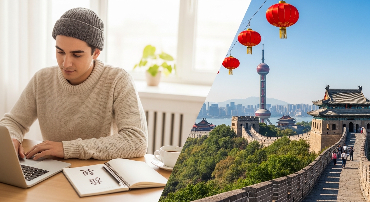 Ev ortamında laptop ve Çince karakterlerle ders çalışan öğrenci ile arka planda Çin manzarası, Çince öğrenmek için Çin’e gitmek şart mı temasını temsil ediyor.